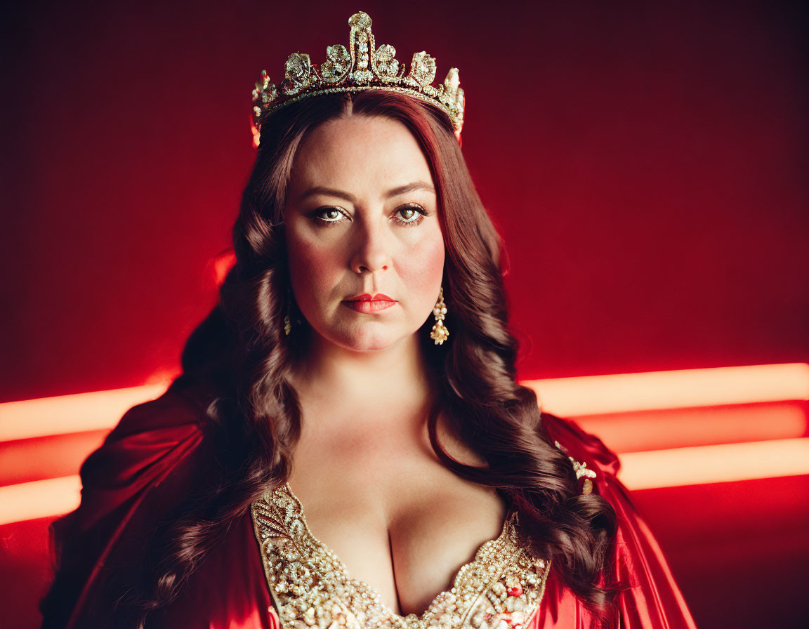 Regal woman in crown poses dramatically with red lighting and backdrop