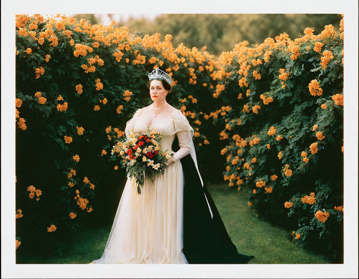 Woman in elegant dress with bouquet by hedge of orange flowers