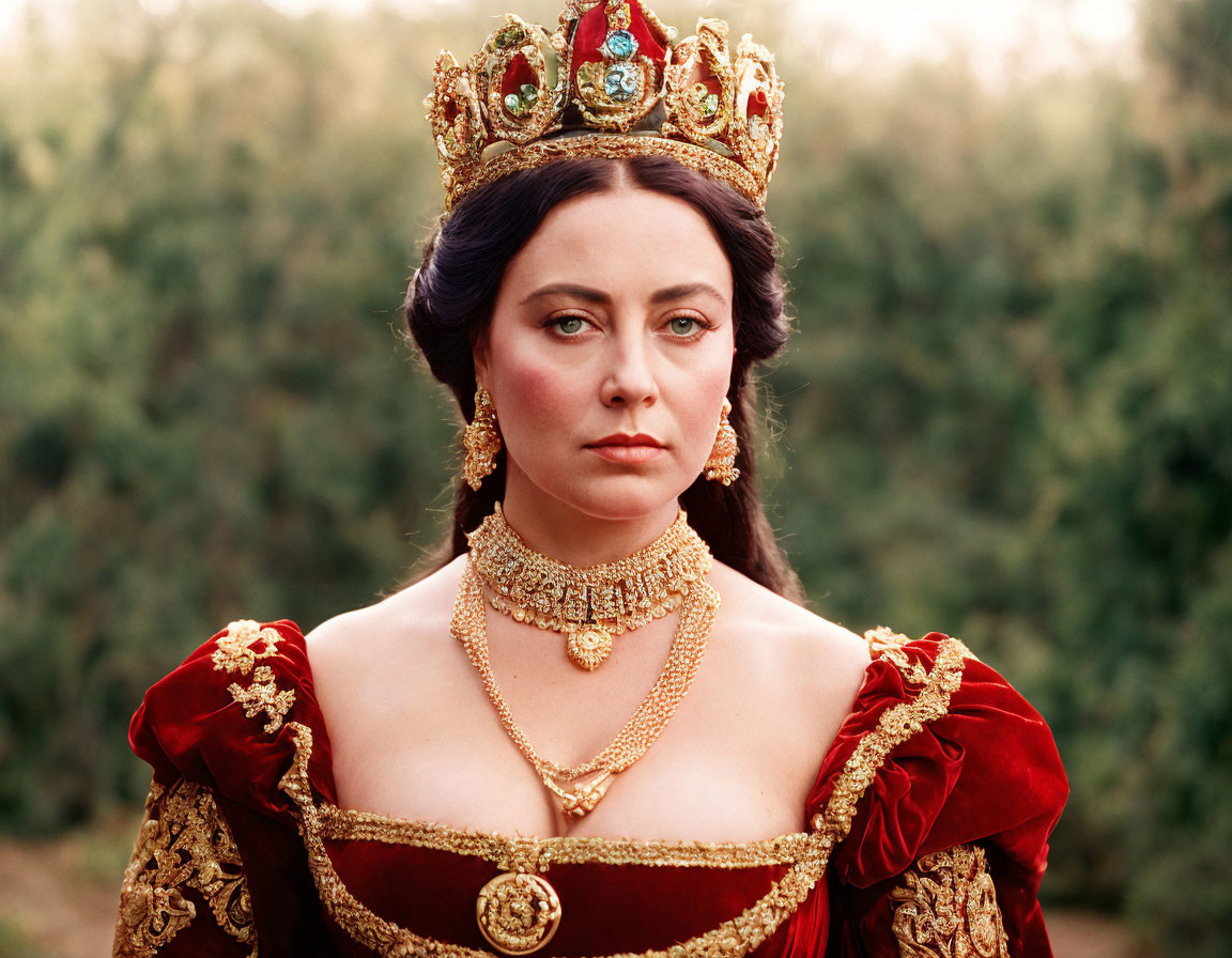 Royal woman in red dress and crown against green backdrop