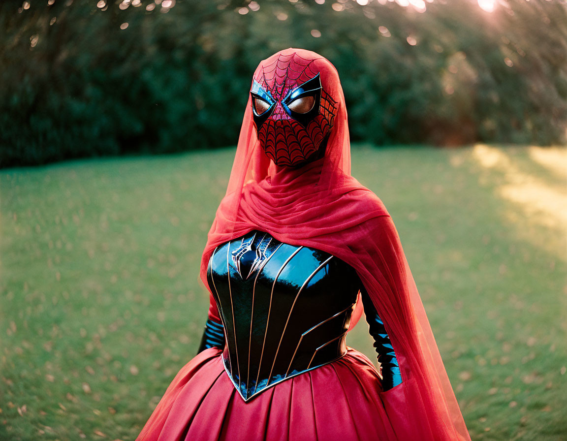 Person in Spider-Man mask and red hijab in sunlit garden