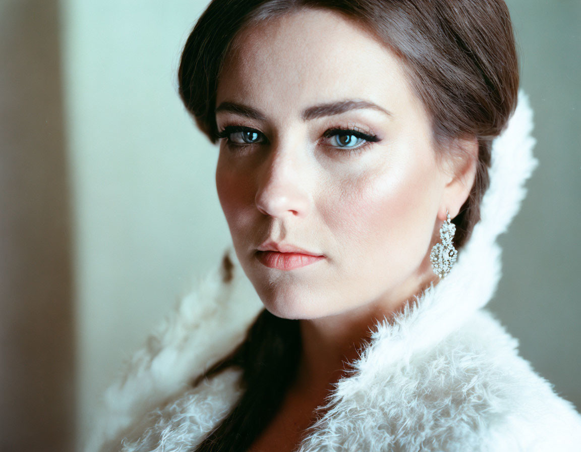 Woman with subtle makeup and prominent eyeliner in white fur-trimmed garment.