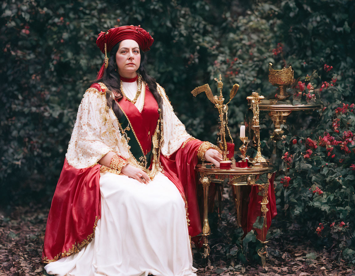 Elaborate royal figure in red turban with regal accessories sitting majestically