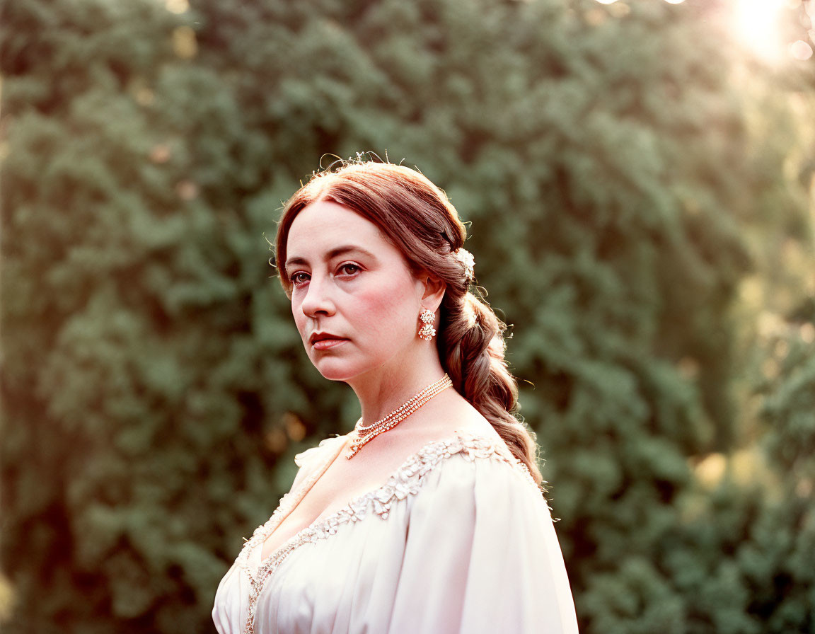 Vintage Attired Woman in Intense Gaze Amid Green Foliage