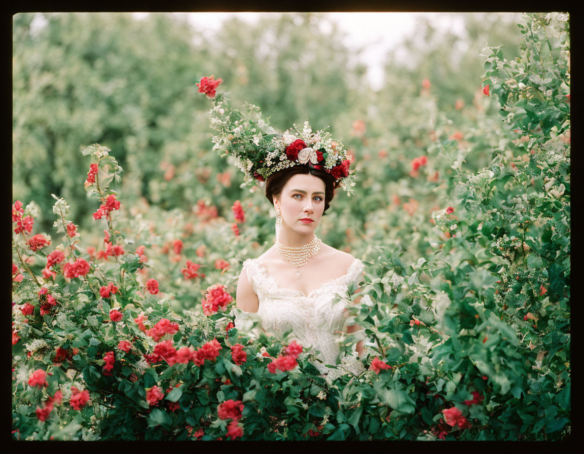 Vintage dress woman in floral crown among blooming roses