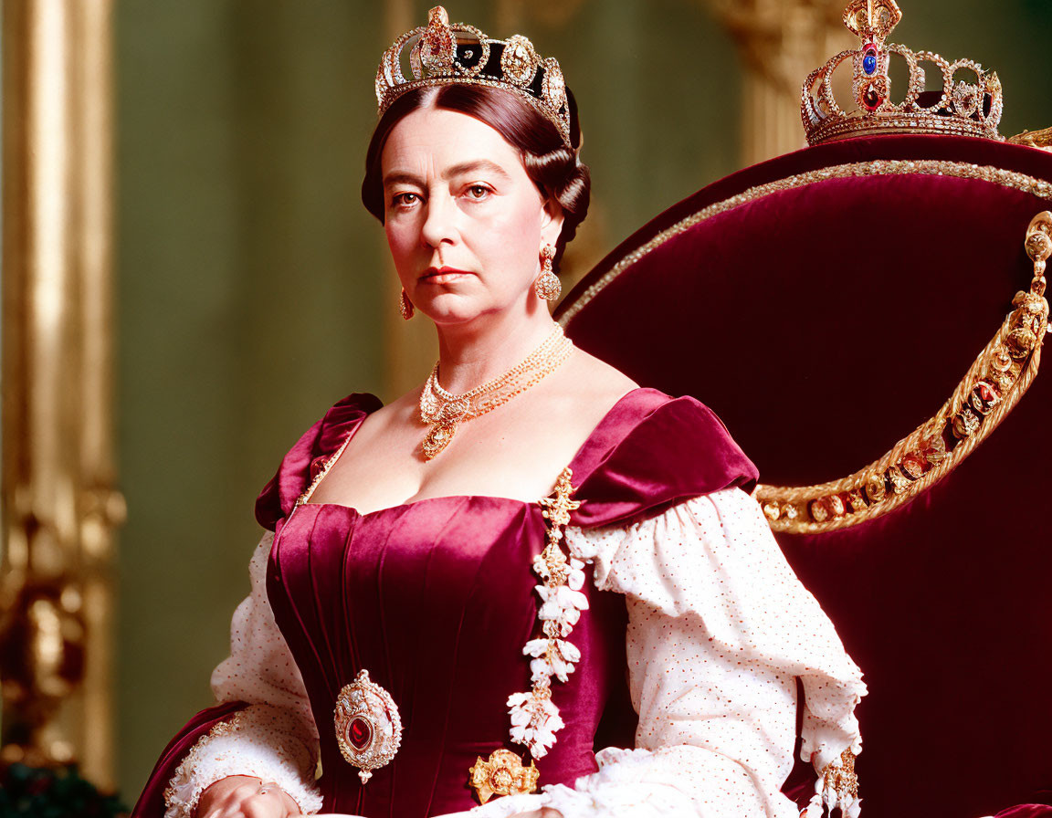 Victorian-era royal gown woman posing against red velvet chair