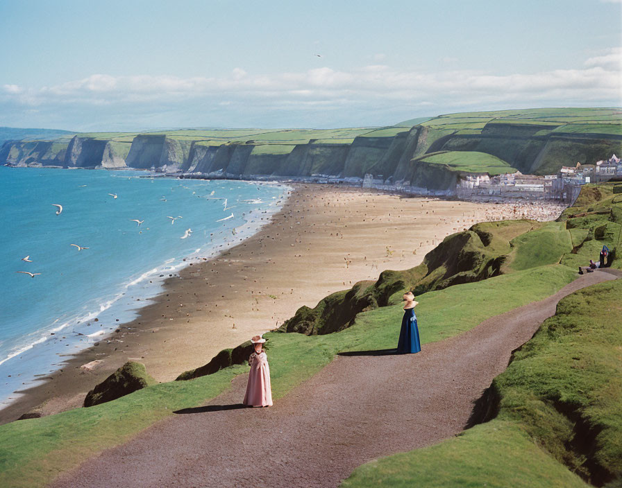 Vintage dresses seaside view with cliffs & sandy beach