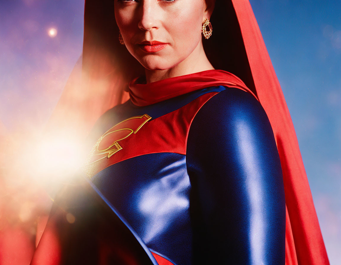 Superhero in Red and Blue Costume with Cape Against Sky Backdrop