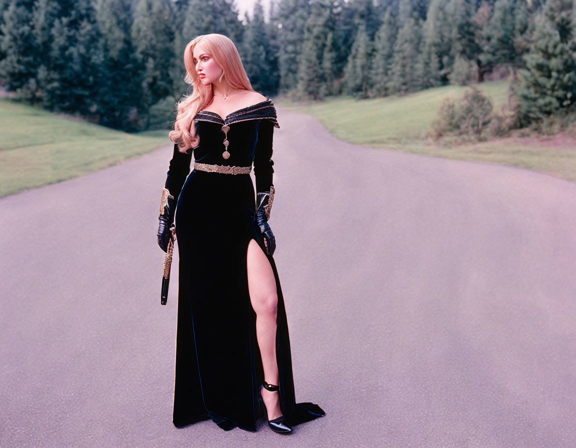 Blonde person in black medieval dress with sword on road