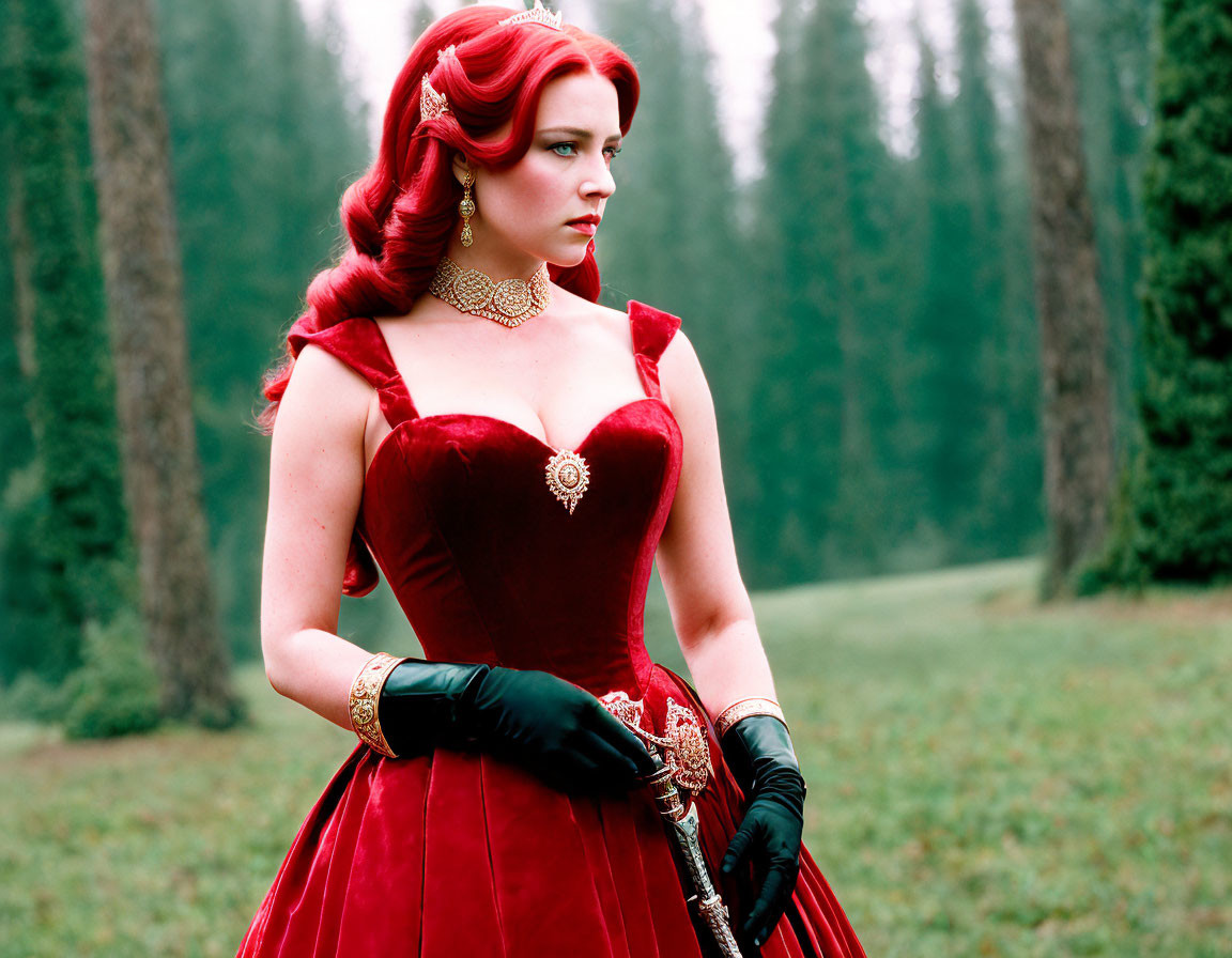 Woman in elegant red dress and black gloves in forest with vintage hairstyle and ornate jewelry