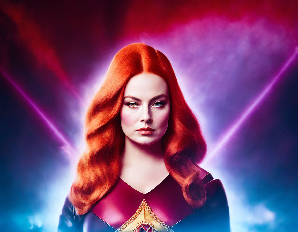 Red-haired woman in superhero costume on cosmic background.