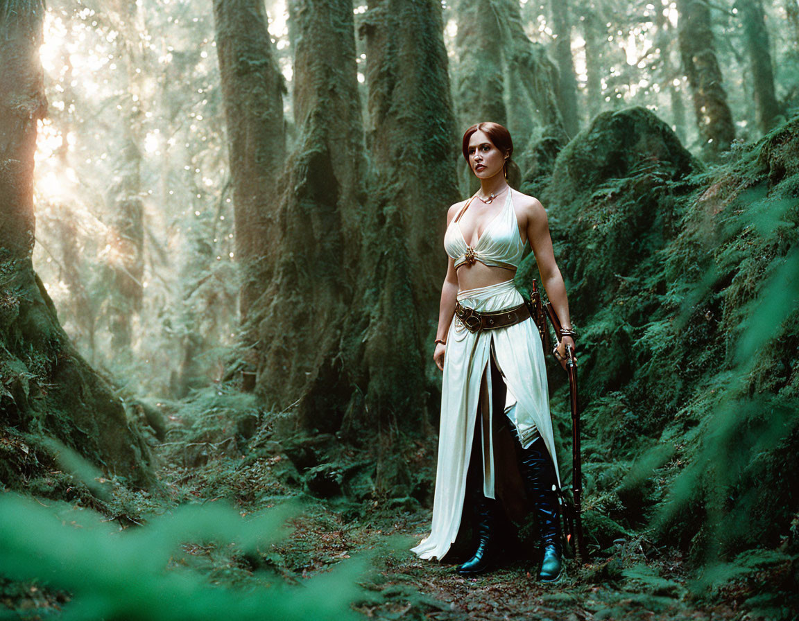 Fantasy warrior woman in mossy forest with sword