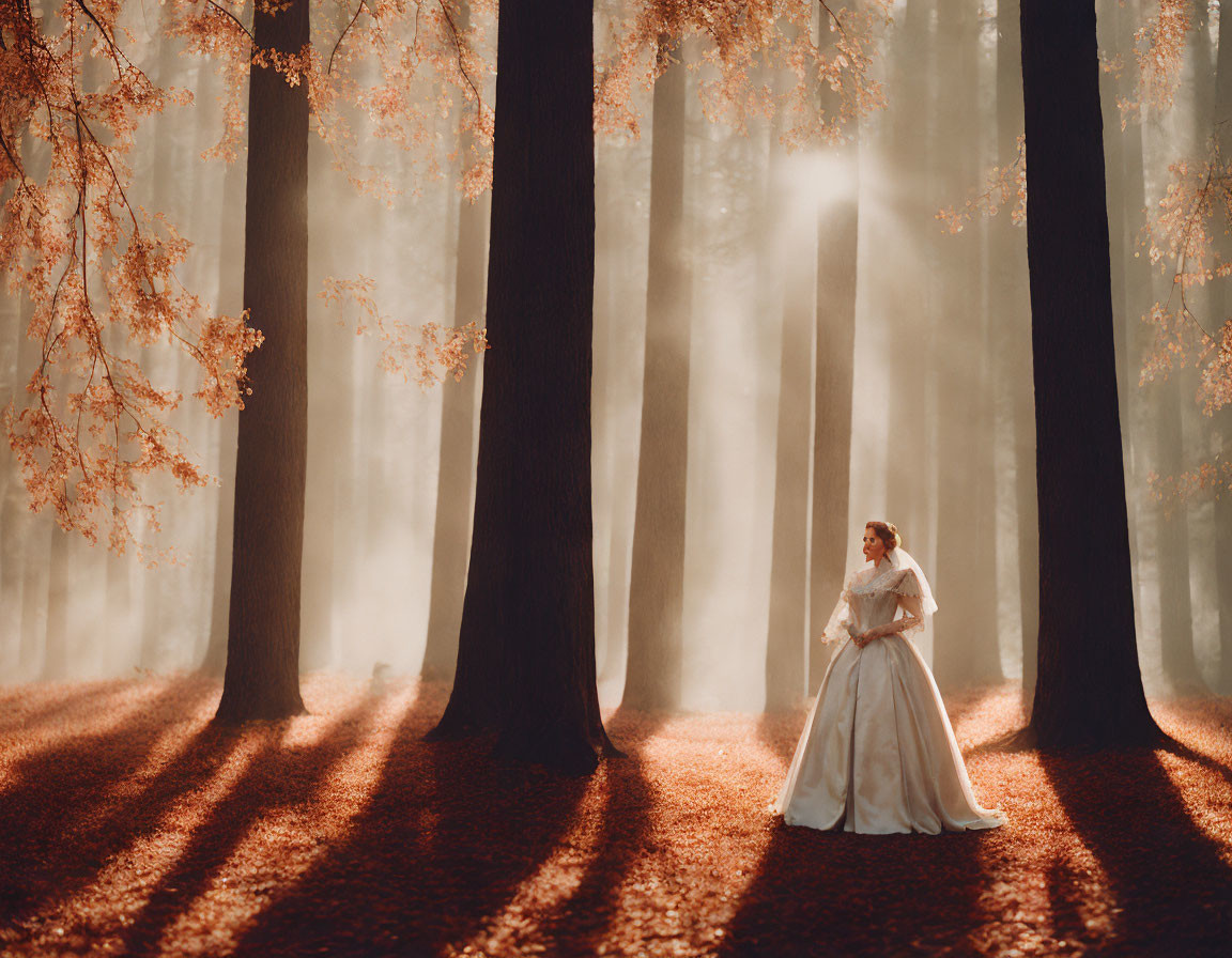 Woman in white dress in misty autumn forest with sunlit leaves