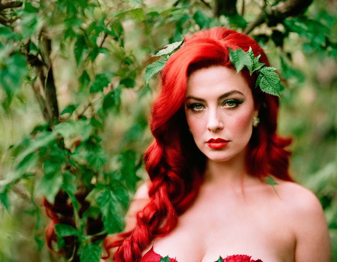 Woman with Bright Red Hair and Green Leaves in Nature Scene