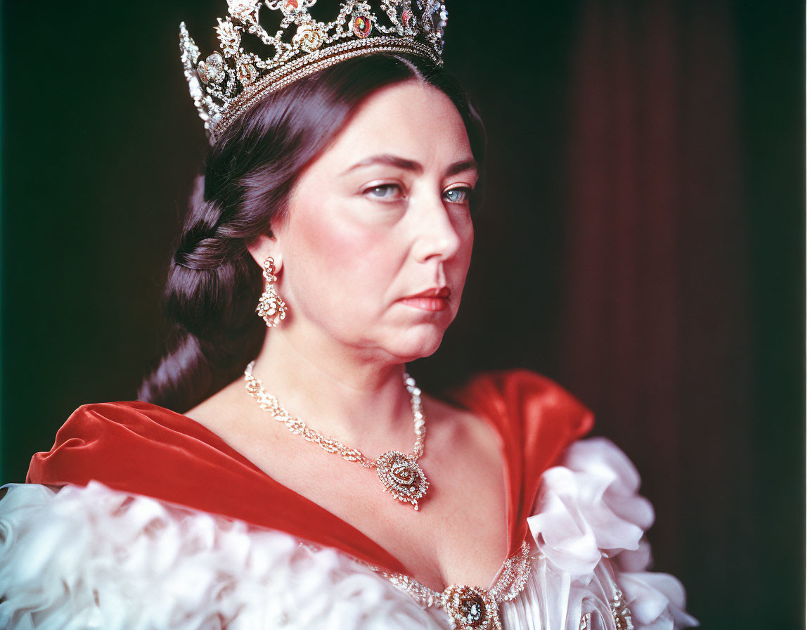 Regal woman in crown and jewels with solemn expression.