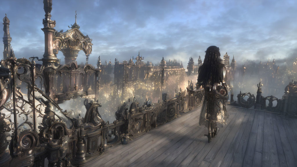 Long-haired person on foggy bridge gazes at fantasy city at dusk