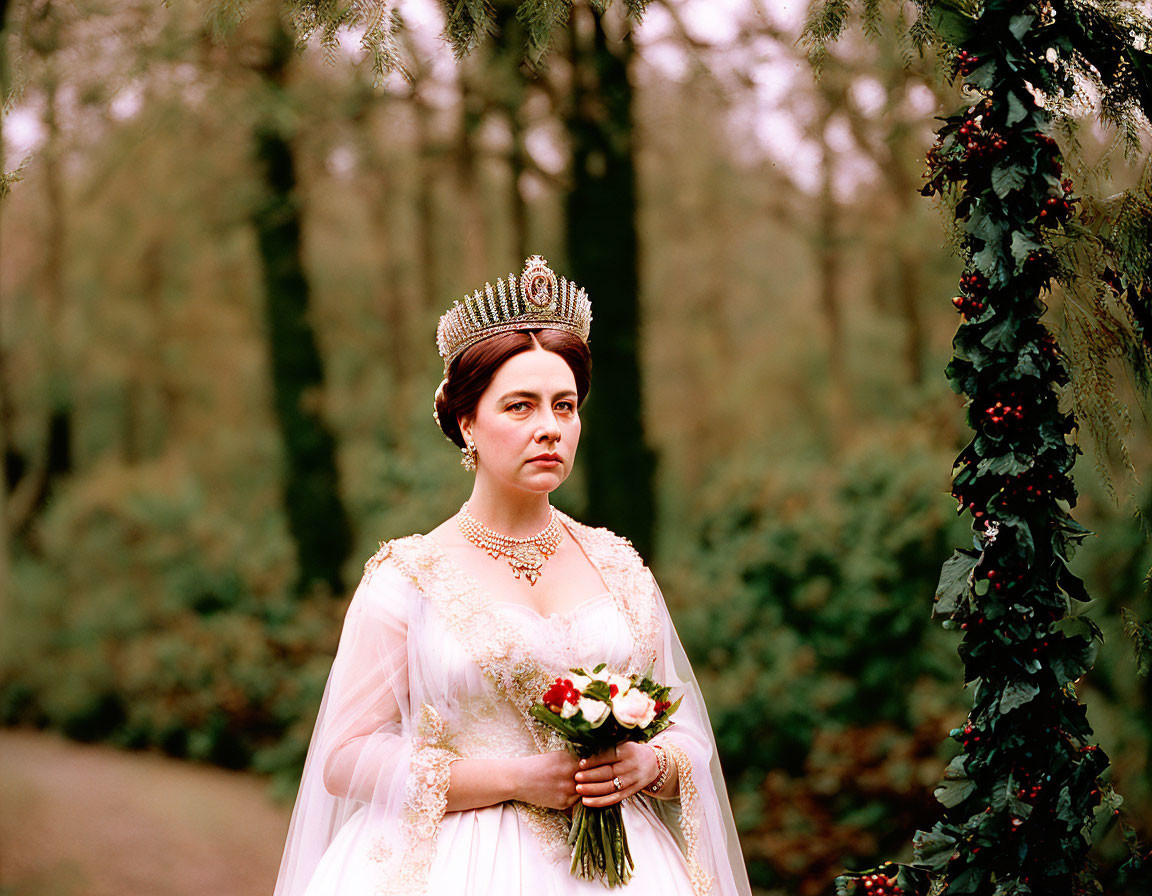 Woman in royal attire standing in forest with tiara and bouquet