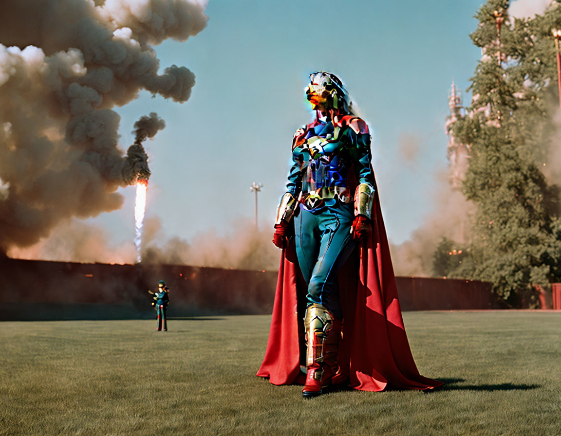 Colorful Futuristic Armor and Red Cape in Grass Field with Explosions