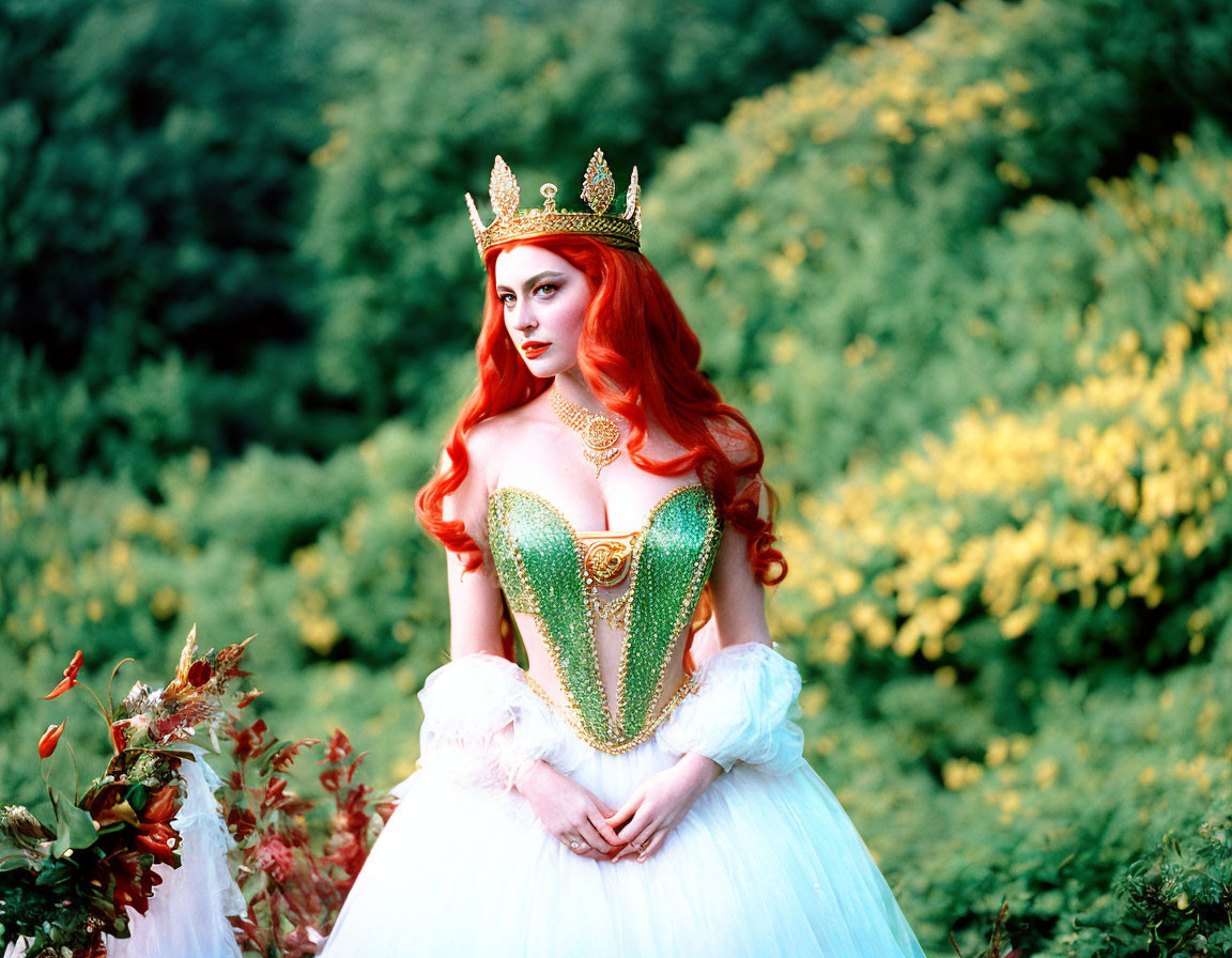 Red-haired person in golden crown and ornate gown in lush green forest