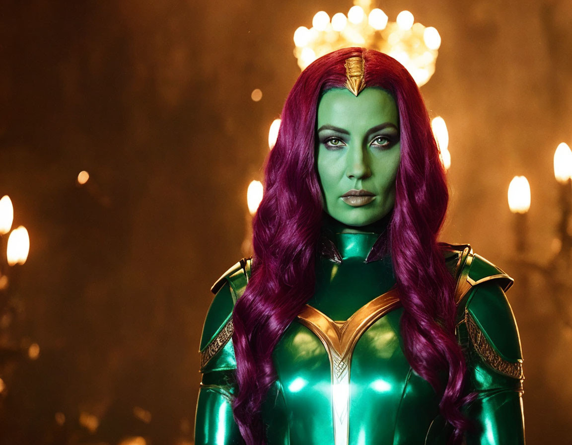 Woman in Green and Gold Superhero Costume with Purple Hair and Crown in Front of Blurred Background with