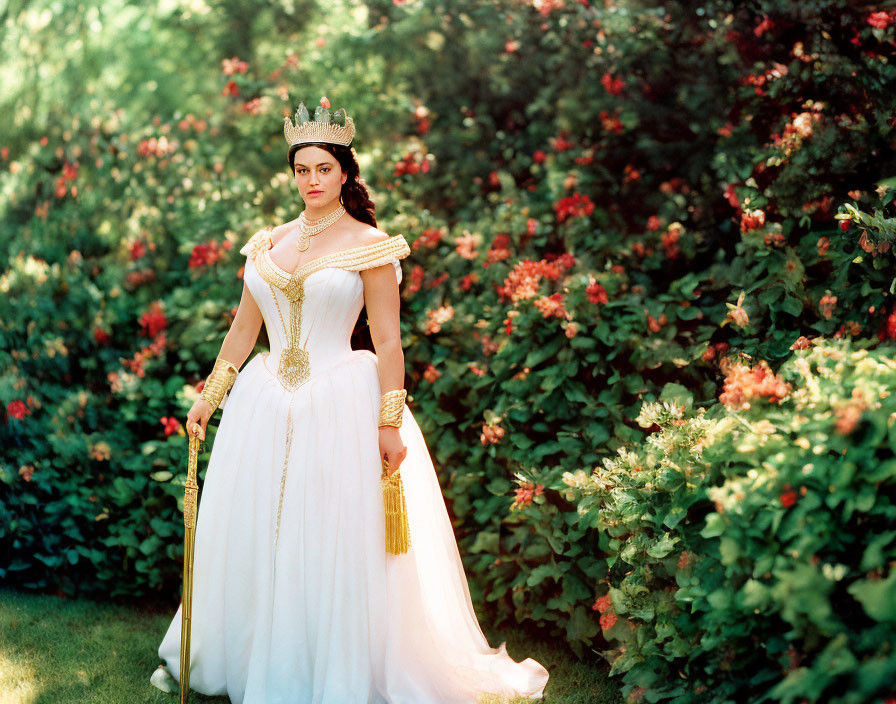 Medieval-style woman in white and gold dress with crown in lush garden