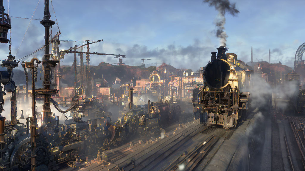 Steampunk train station with locomotive and industrial machinery under hazy sky