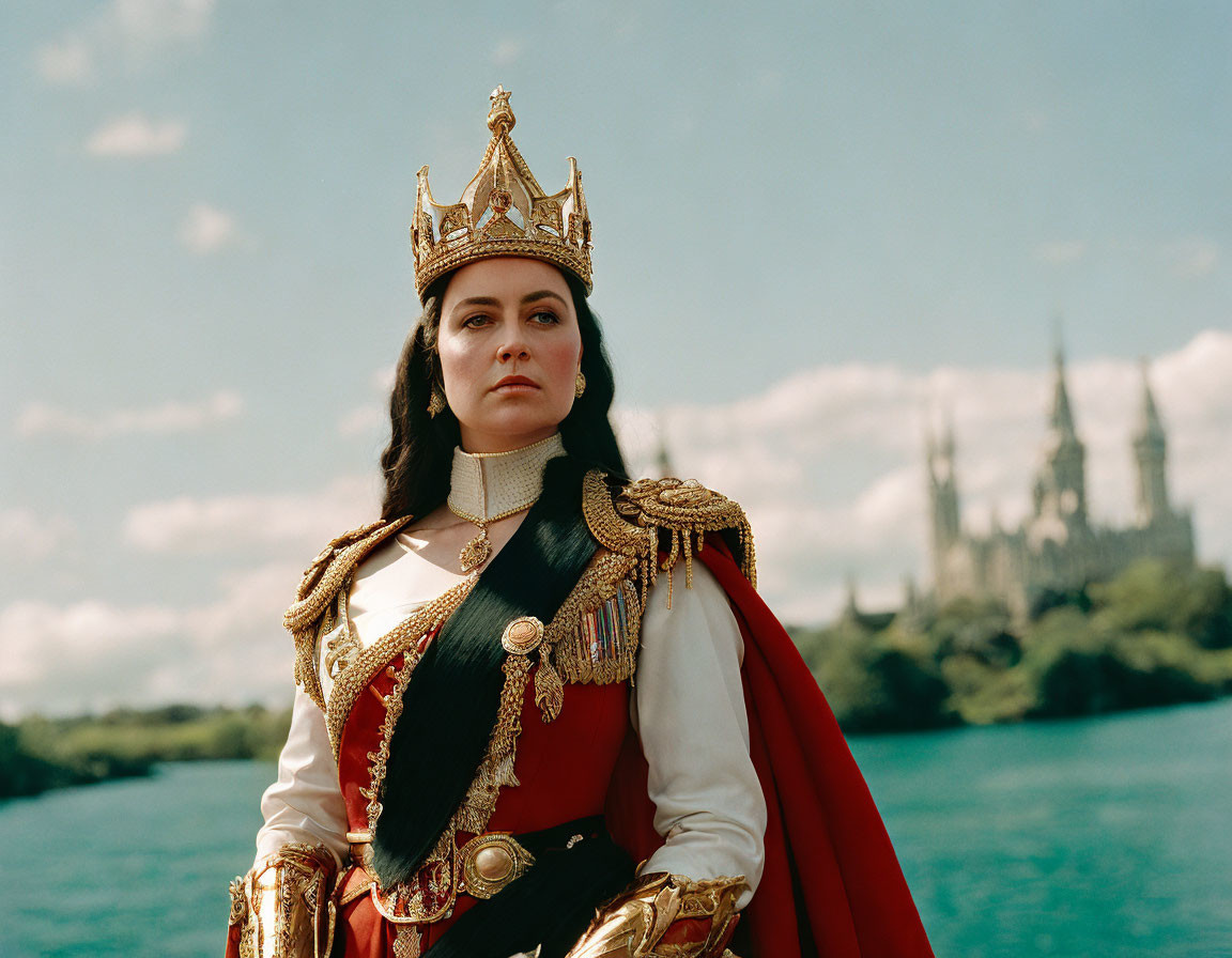 Royal figure in red and gold uniform with crown, castle backdrop, clear blue sky & water