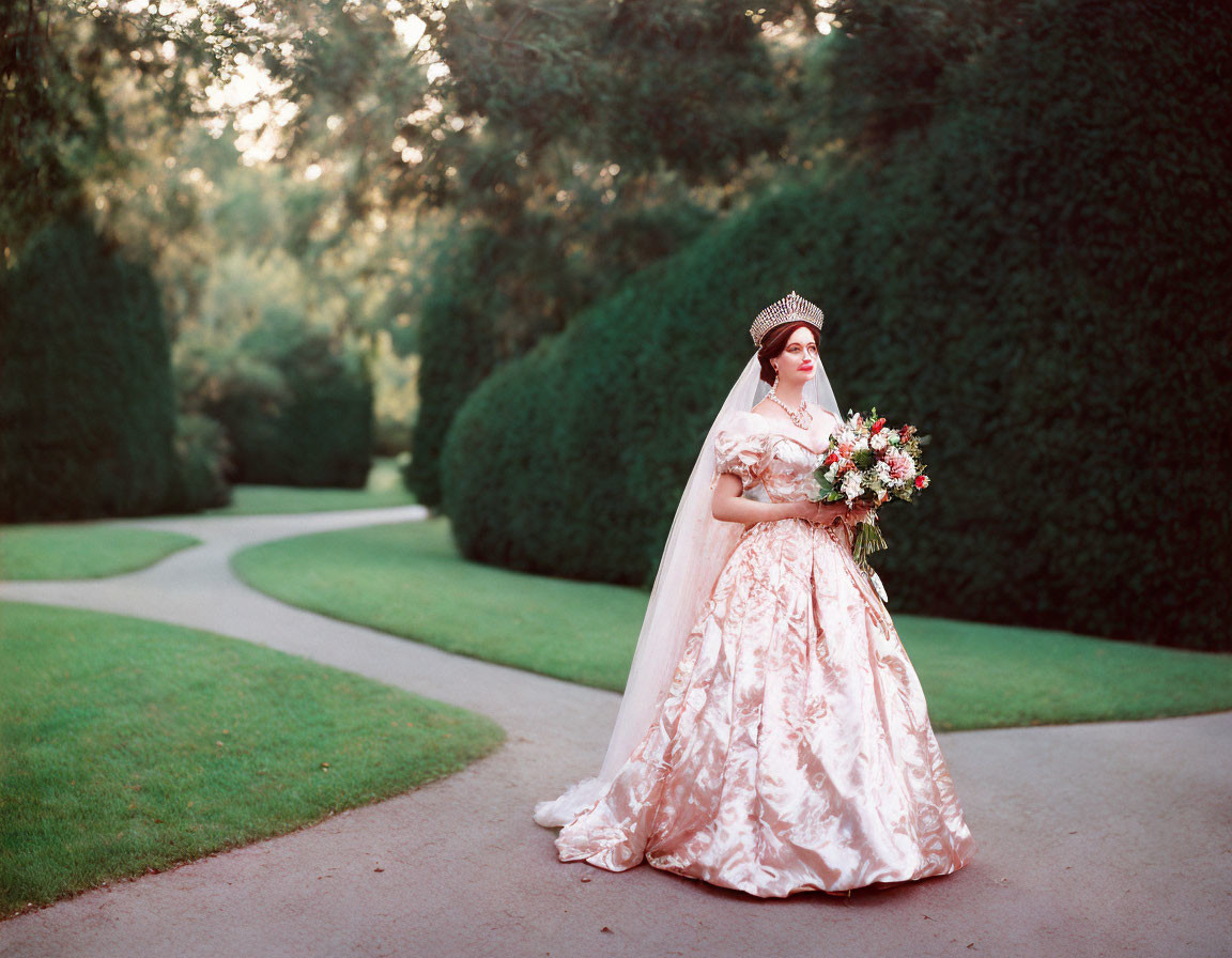 Bride in white gown with veil and tiara holding bouquet in garden setting