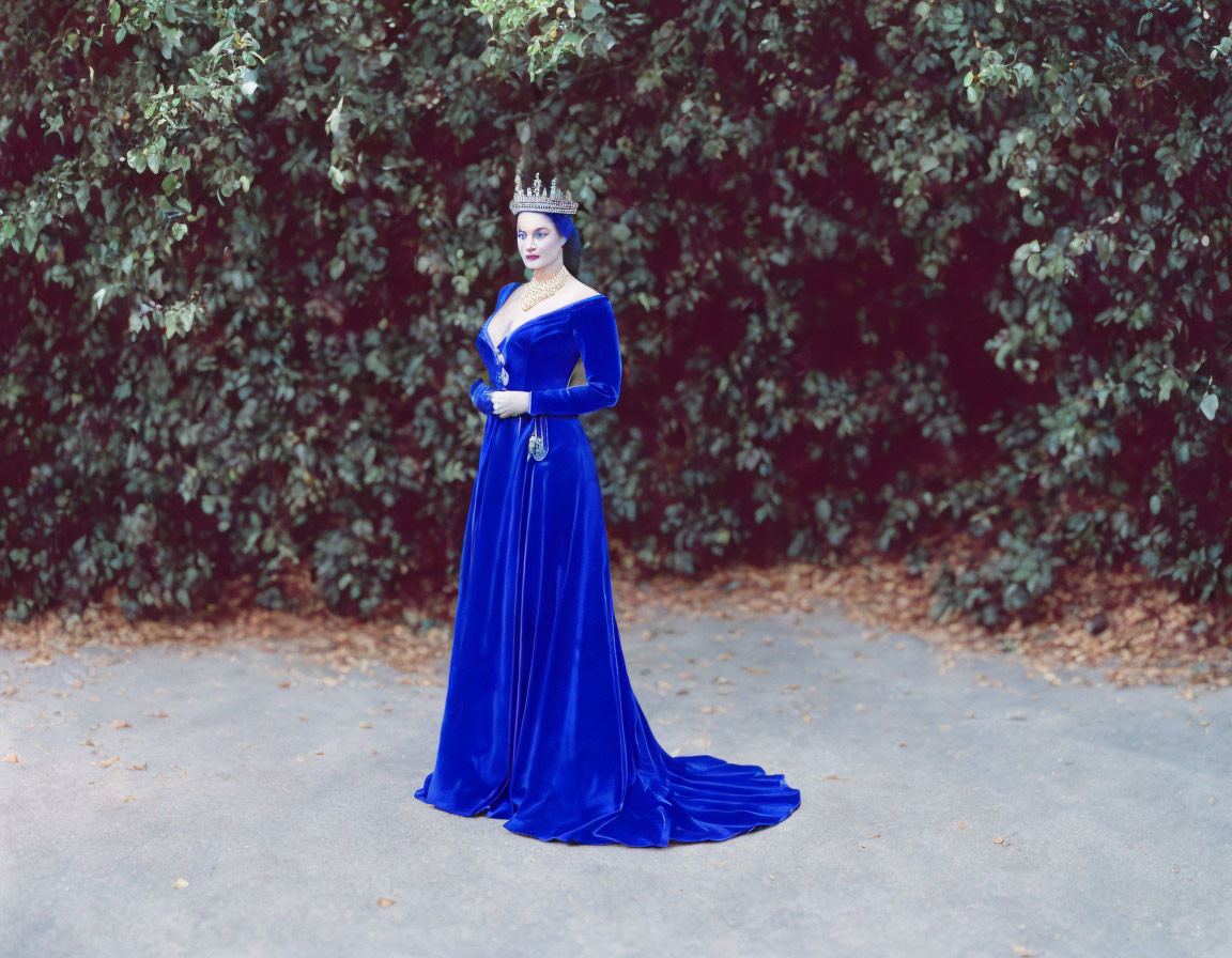 Historical woman in blue medieval dress by leafy green hedge