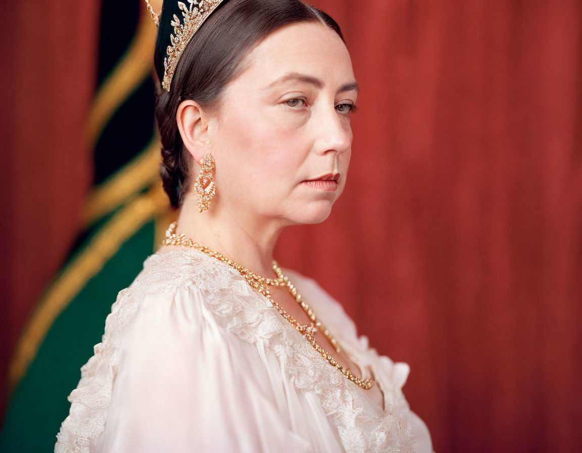 Royal woman in tiara, pearl earrings, and gold necklace on red and green background