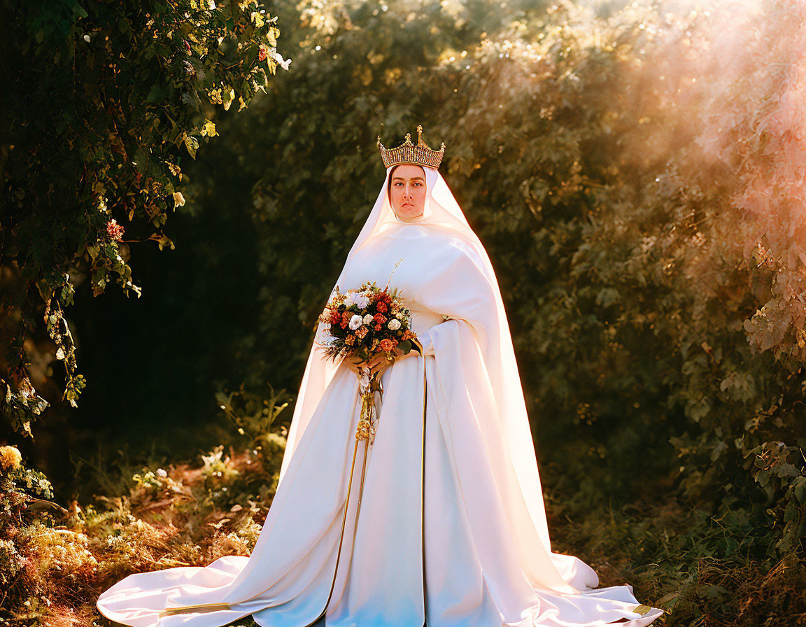 Bridal gown woman with bouquet in nature setting