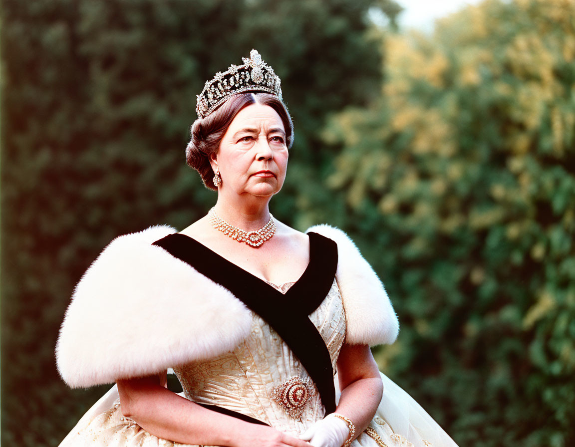 Regal individual in jeweled crown and golden dress against green foliage.