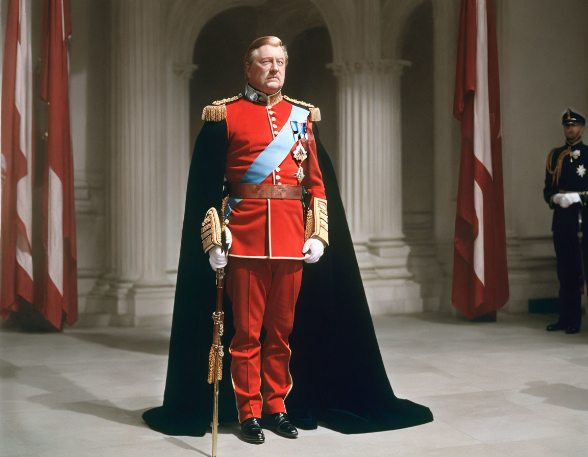 Ceremonial military man with medals, sash, and sword, surrounded by flags and guard