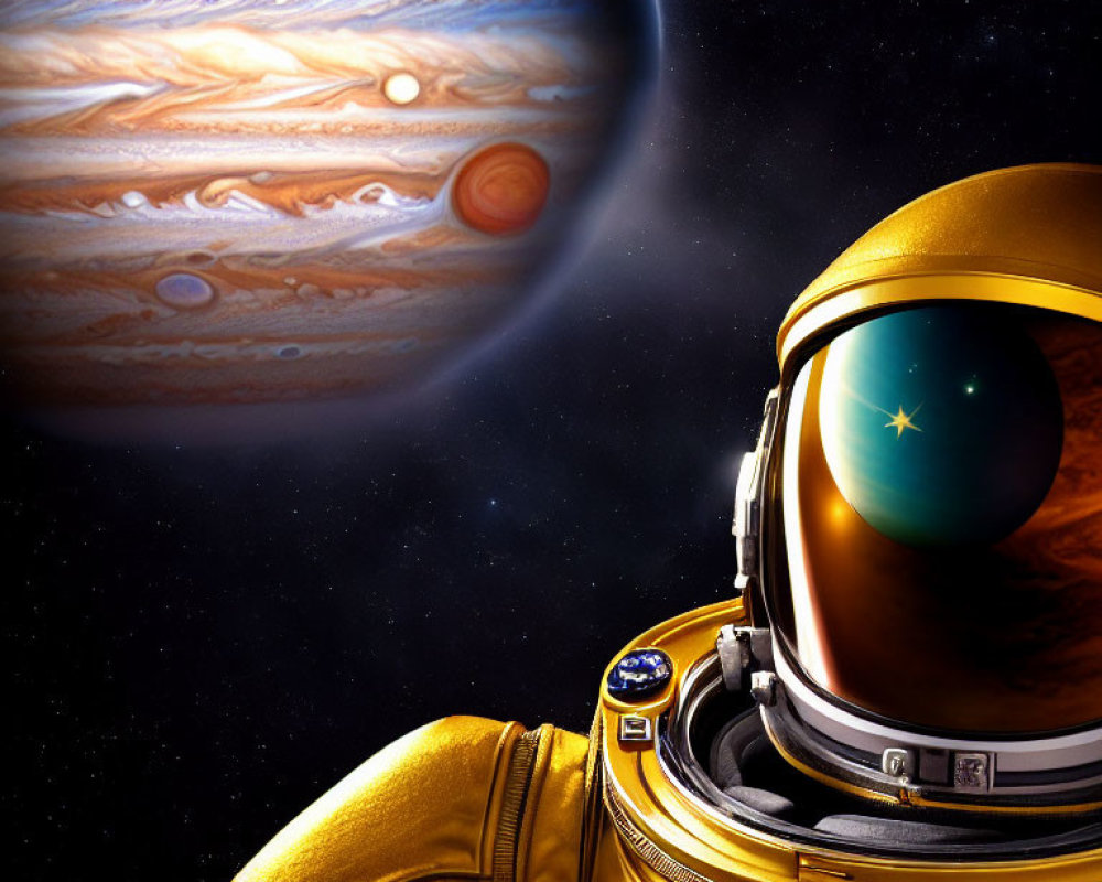 Golden spacesuit astronaut against Jupiter backdrop in space