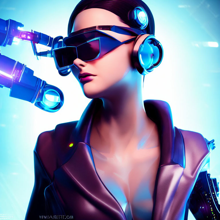 Futuristic woman in VR goggles and headphones on neon blue backdrop