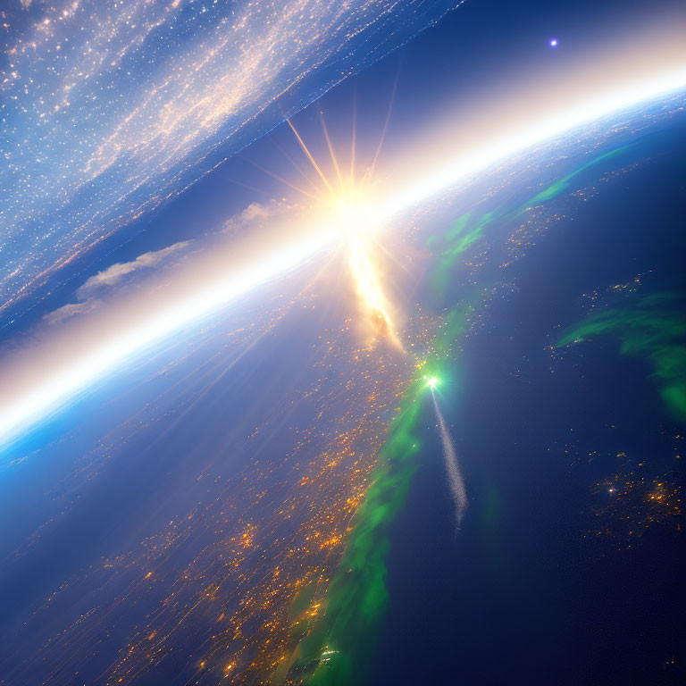 Sunrise Over Earth: City Lights, Atmosphere, and Stars