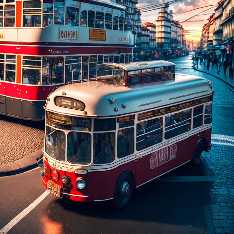 Vintage bus and modern trams under sunset on city street.