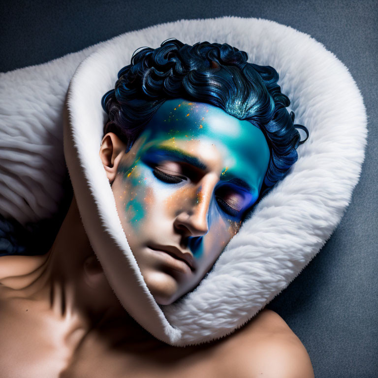 Vibrant Blue and Green Cosmic Makeup with Plush White Collar on Gray Background