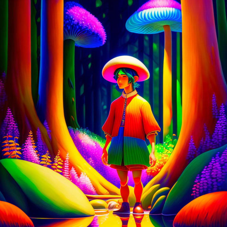 Person in Traditional Outfit in Otherworldly Forest with Giant Glowing Mushrooms