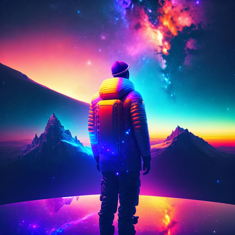 Person in Winter Jacket and Beanie in Front of Cosmic Landscape