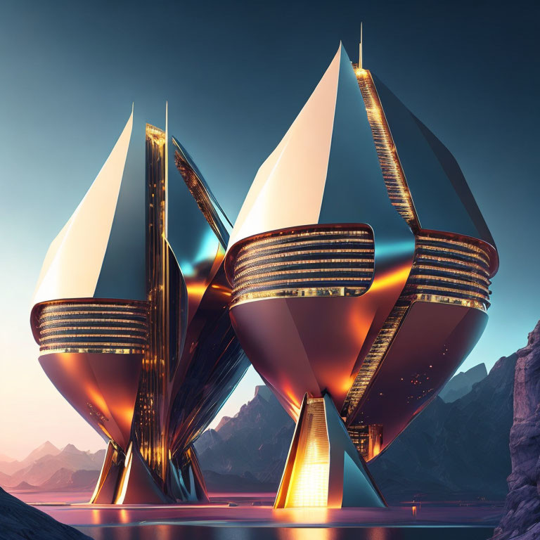 Sleek ship-like futuristic architecture on coastal landscape at sunset