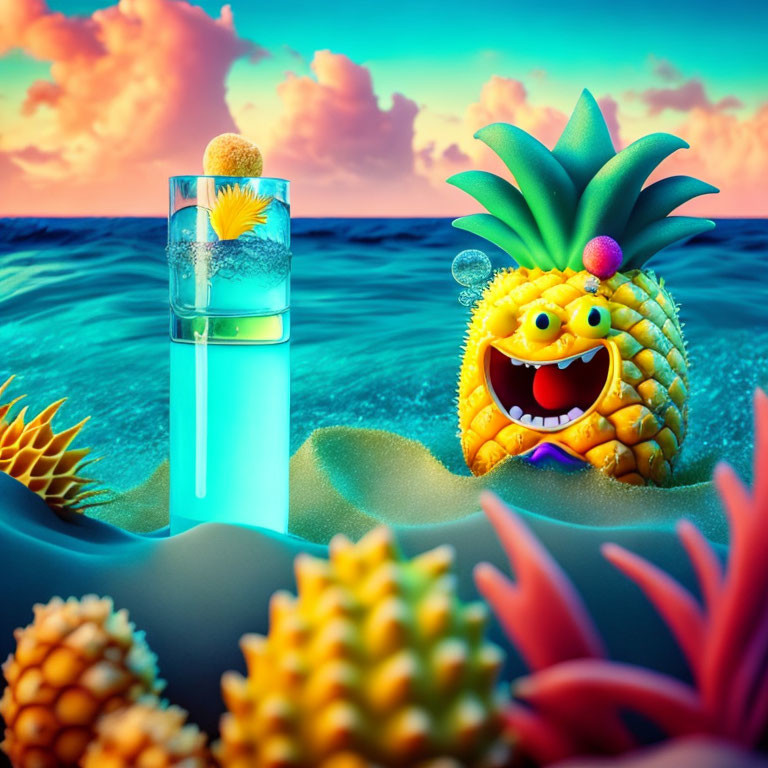 Whimsical pineapple character with party hat in ocean sunset scene