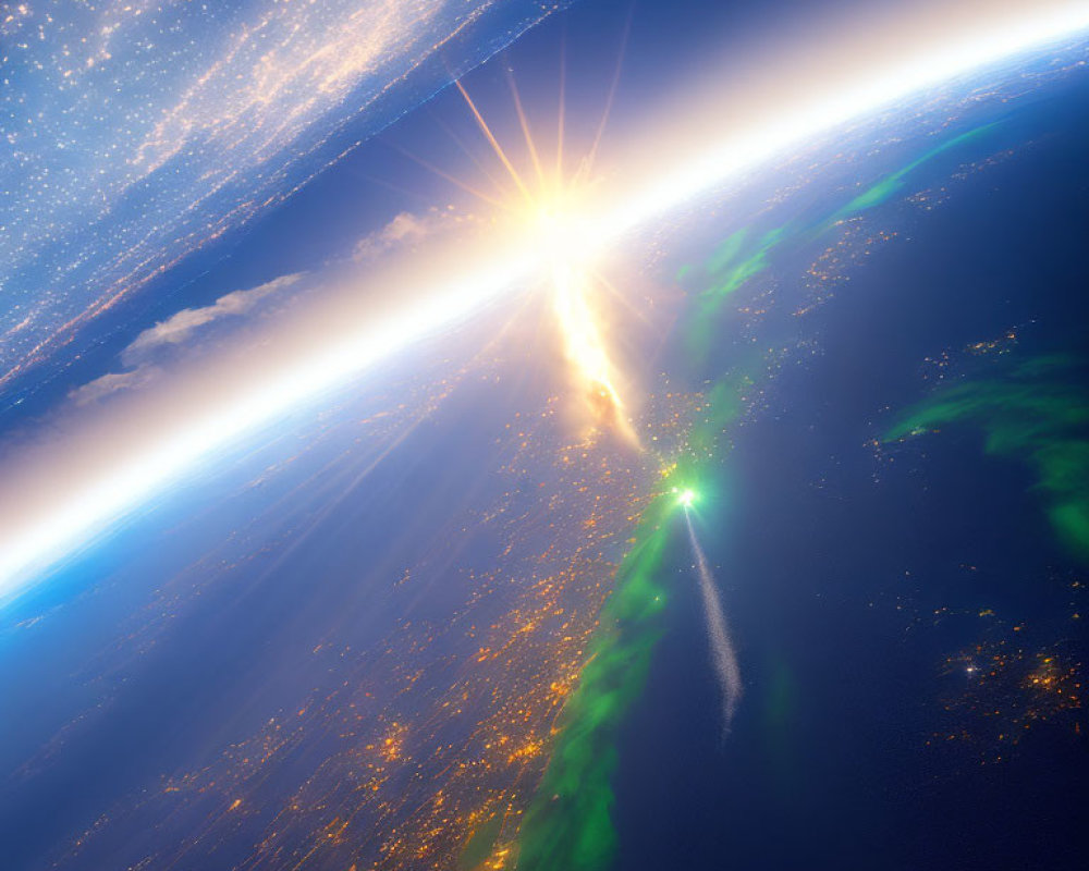 Sunrise Over Earth: City Lights, Atmosphere, and Stars