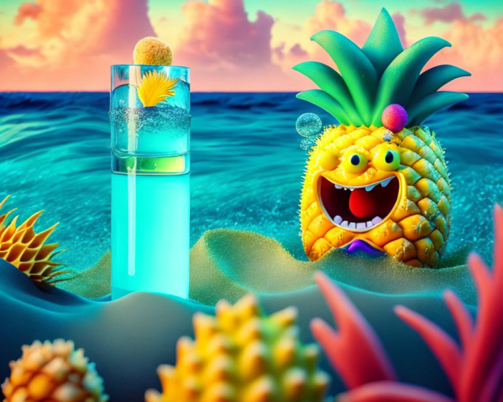 Whimsical pineapple character with party hat in ocean sunset scene