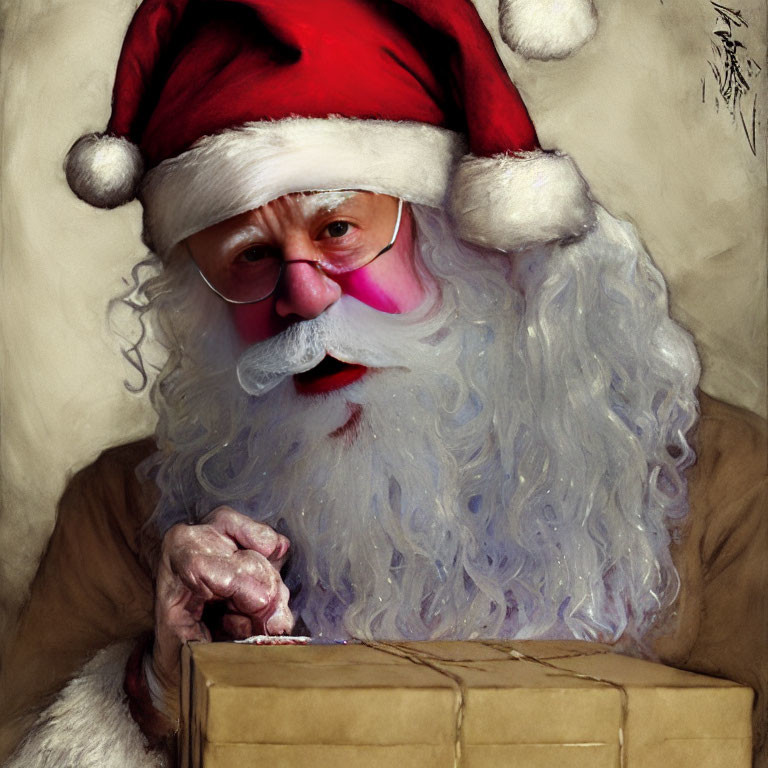 Illustration of Santa Claus with red hat and white beard holding a brown package