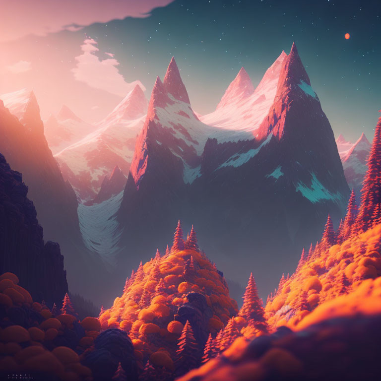 Orange Forests and Snow-Capped Mountains in Twilight Sky