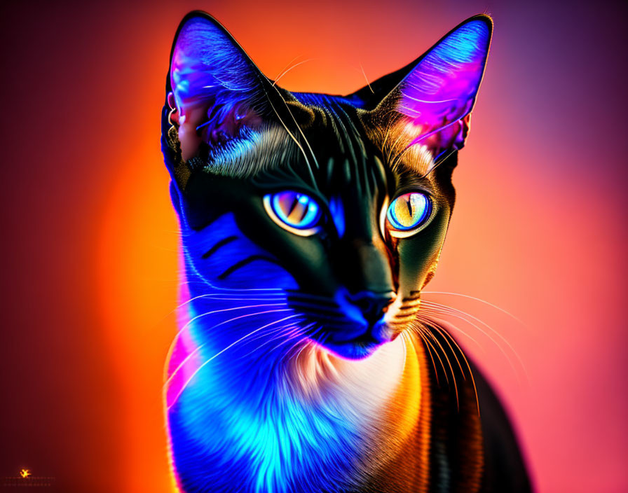 Vibrant digital artwork: Neon glow cat with blue and orange hues