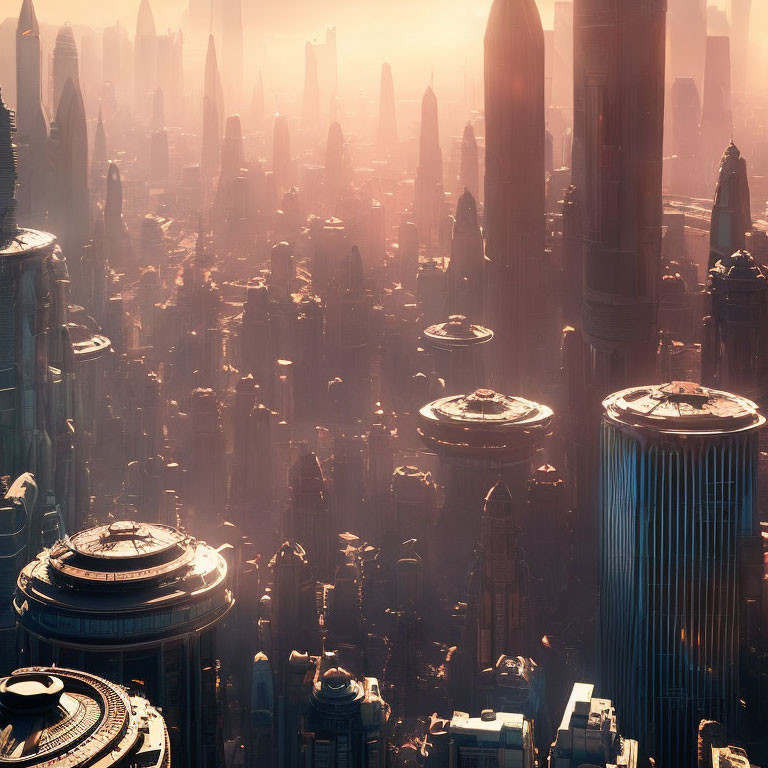 Futuristic cityscape with towering skyscrapers and circular buildings