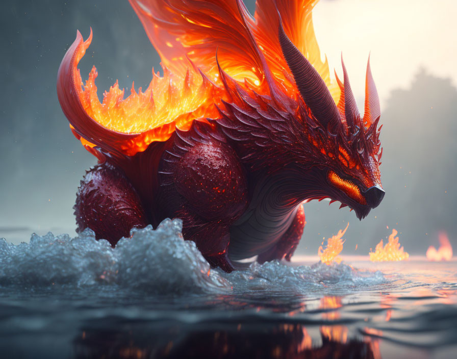 Red Dragon Emerges with Blazing Orange Wings from Water