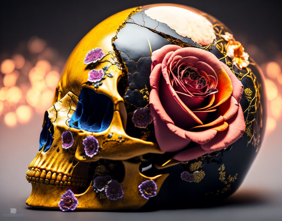 Golden Skull with Cracked Textures and Floral Adornments on Soft Bokeh Background