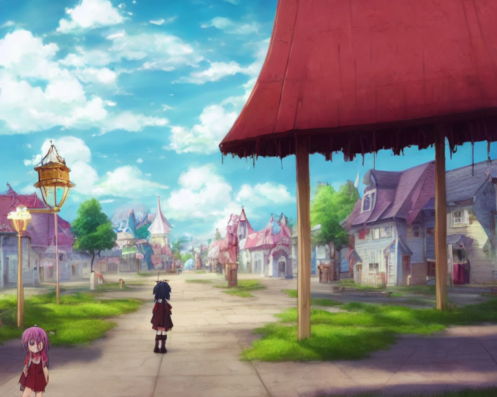 Anime characters in quaint village with cobblestone streets